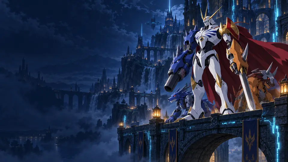 Omegamon standing on a castle bridge at night