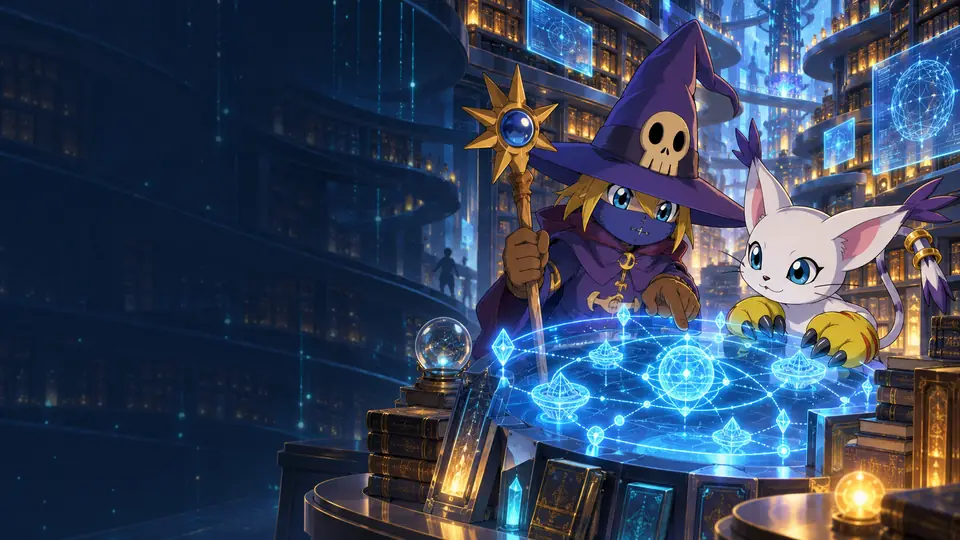 Wizardmon and Gatomon at a glowing holographic table