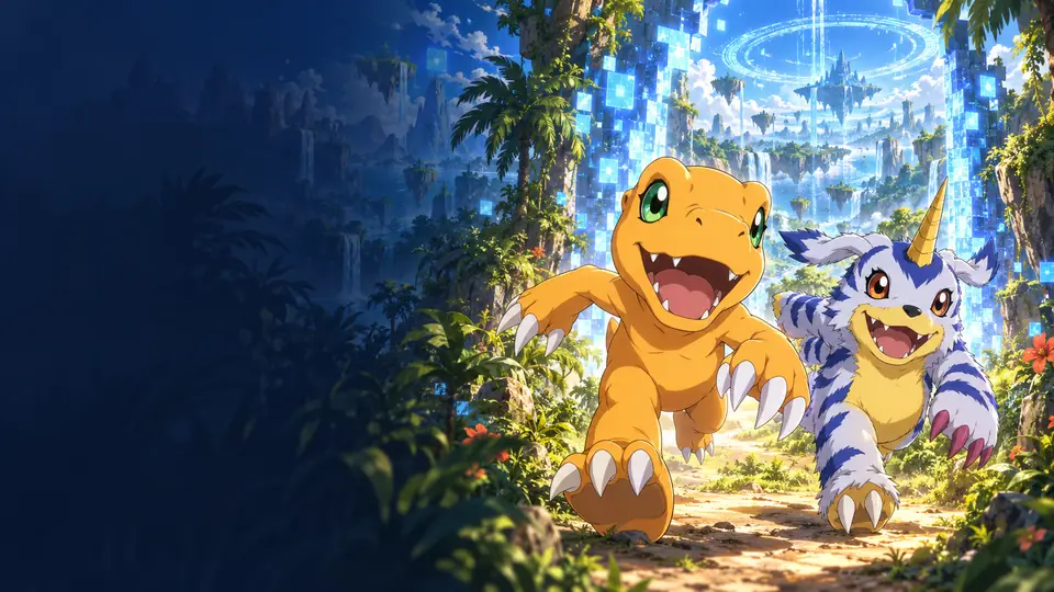 Agumon and Gabumon running through a jungle toward the Digital Gate